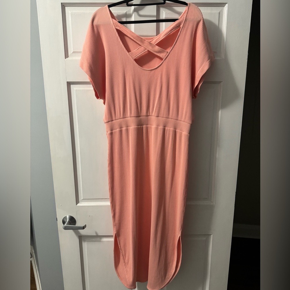 Anthropologie Coral Pink Ribbed Midi Dress with Crisscross Back